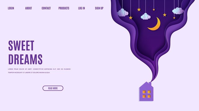 Night sky in paper cut style. Web page design template cute house with smoke from the chimney. 3d background with violet and blue gradient with gold stars cloud and moon papercut art. Vector wallpaper