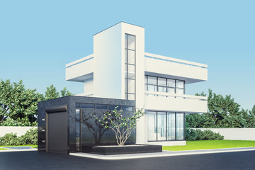 Fototapeta na wymiar Modern house with white stucco with a balcony and a high staircase, in daylight against a background of green trees and a white fence with Windows to the street. 3D stock illustration.