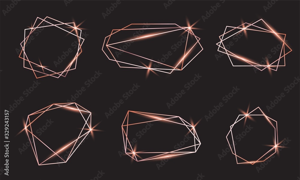 Wall mural Luxury shiny rose gold frames set. Collection of linear polygonal shapes 