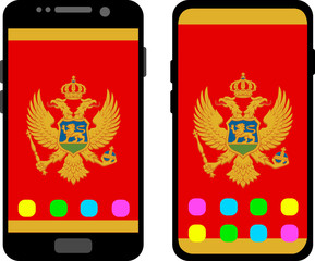 Two black smartphones with a home screen and wallpaper with the flag of Montenegro: old model with gray buttons and new model without buttons. Vector graphics, illustration