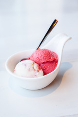 Raspberry and yogurt ice cream served on mini white bowl