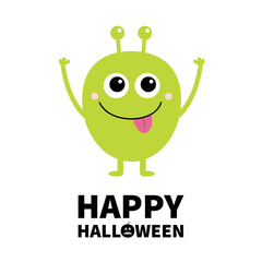 Happy Halloween. Green monster with big eyes, tongue and horns. Funny Cute cartoon kawaii character. Baby collection. Flat design. Greeting card. Isolated. White background.