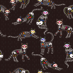 Seamless pattern of cats of the day of the dead. Vector graphics.