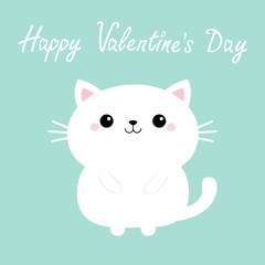 Happy Valentines Day. White cat kitten kitty icon. Cute kawaii cartoon round character. Funny head face. Pink cheeks. Baby greeting card template. Blue background. Isolated. Flat design.