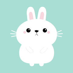 White bunny rabbit hare icon. Funny head face. Cute kawaii cartoon round character. Happy Valentines Day. Pink cheeks. Baby greeting card template. Isolated. Blue background. Flat design.