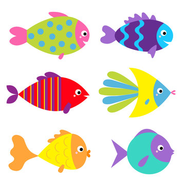 Fish icon set. Cute cartoon kawaii funny character. Colorful aquarium sea ocean animals. Baby kids collection. Marine life. White background. Isolated. Flat design.