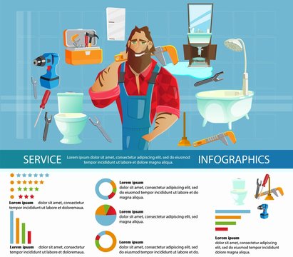 Plumbing Service Infographics Flat Cartoon Banner Vector Illustartion. Worker Or Handyman With Different Equipment Near Bathroom Items Such As Bath, Sink With Mirror, Toilet And Shelf.