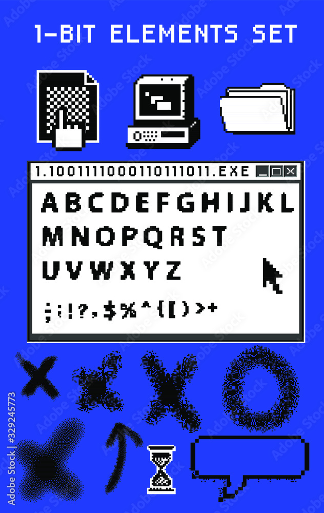 Aufkleber Set of retrowave and webpunk style elements: pixel typeface and user interface icons.