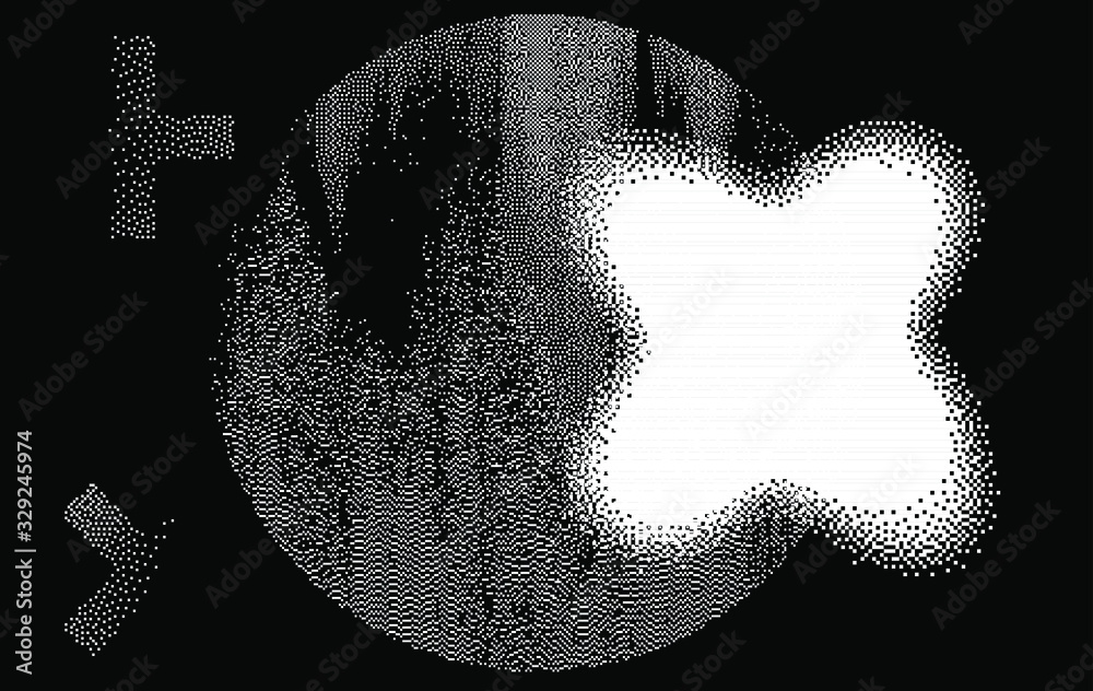 Poster Abstract geometric background with composition of cross and circle in 1-bit pixel art style.