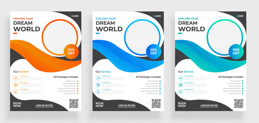 Travel flyer template design with contact and venue details. - obrazy, fototapety, plakaty