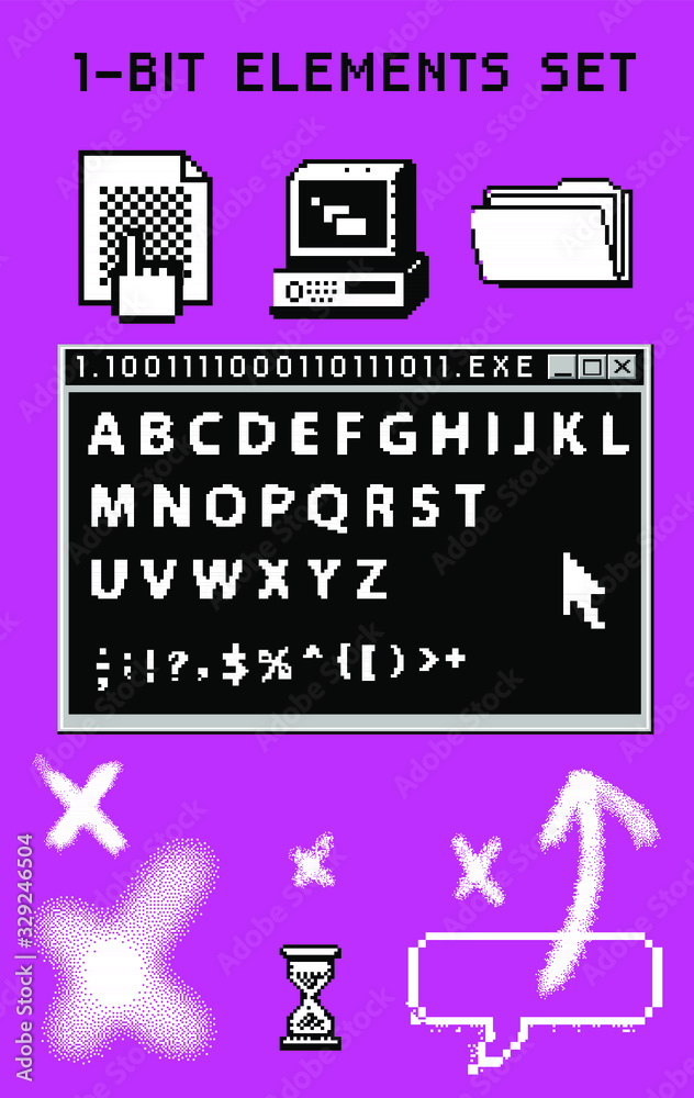 Aufkleber Set of retrowave style elements: pixel typeface and user interface icons.