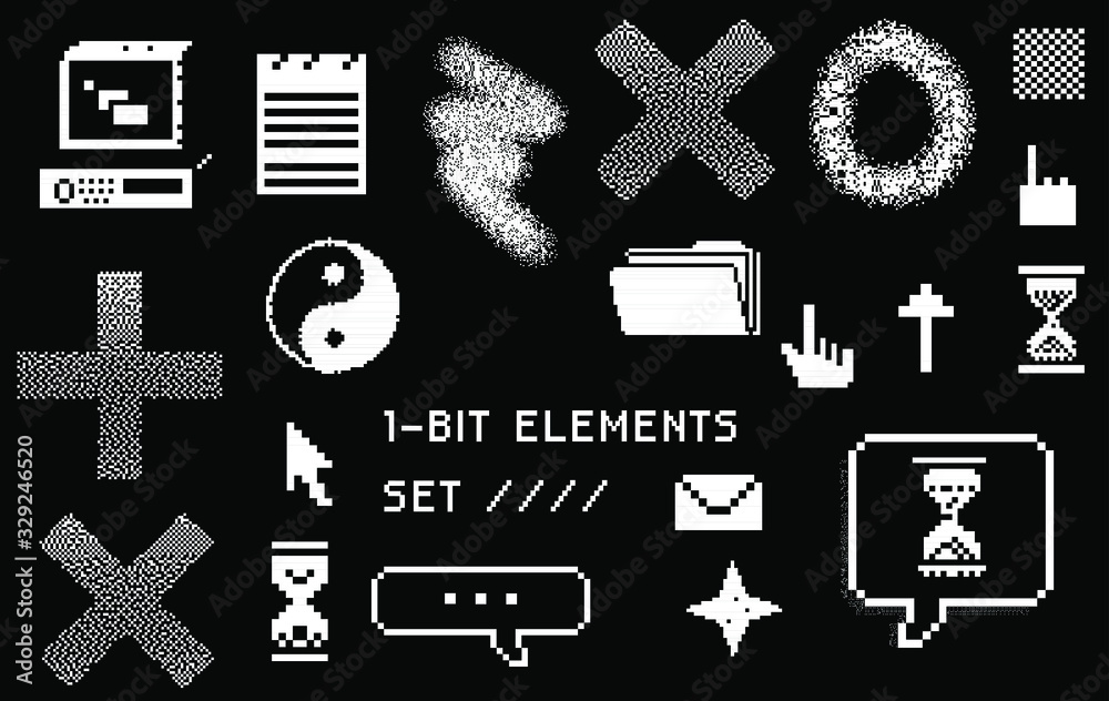 Aufkleber set of pixel art elements in vaporwave retro 80's style. geometric shapes and user interface icons.