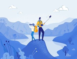 Travel Bloggers or Tourists, Man and Woman Cartoon Characters Take Selfie Photo against Beautiful Mountain Landscape. Climbing, and Hiking. Outdoor Adventures and Exploring. Flat Vector Illustration.