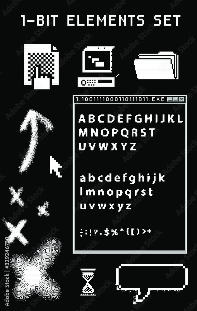Aufkleber Set of retrowave style elements: pixel typeface and user interface icons.