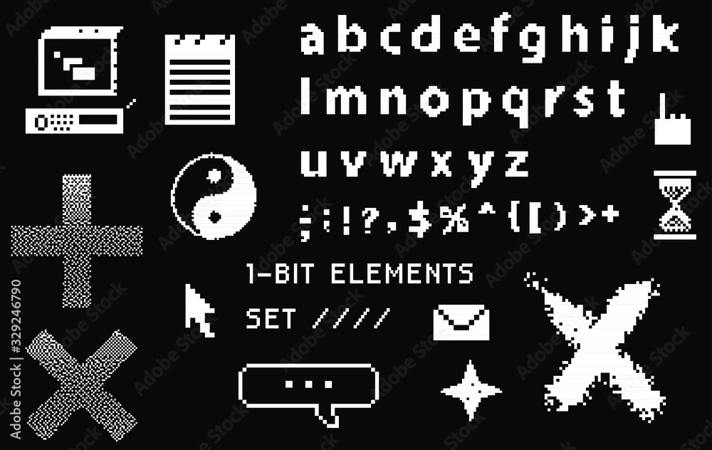 Aufkleber Set of retrowave style elements: pixel typeface and user interface icons.