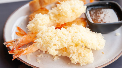 Deep fried tempura Shrimps with sauce, Japanese cuisine