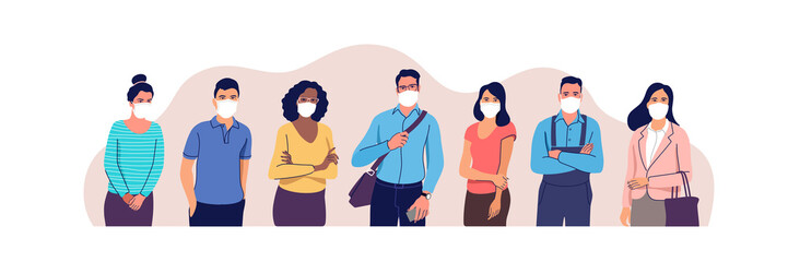 People in protective medical face masks. Man and women wearing protection from virus, urban air pollution, smog, vapor, pollutant gas emission. Vector illustration.