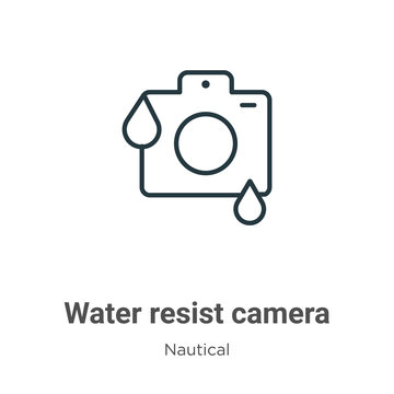 Water resist camera outline vector icon. Thin line black water resist camera icon, flat vector simple element illustration from editable nautical concept isolated stroke on white background
