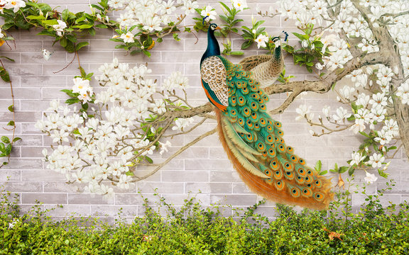 3D Flower Peacock Round Background Wall