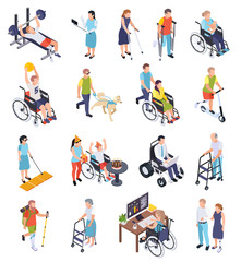 Fototapeta na wymiar Disabled People Isometric Icons Set