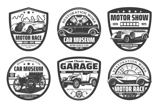 Retro cars, vintage vehicles isolated vector icons set. Vector motor race club signs, museum, retro auto repair service icons, restoration works service, old cars exhibition monochrome labels