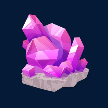 Pink crystal rock gem, isolated purple mineral crystalline stone or gemstone sapphire or quartz. Jewelry precious organic ruby mineralogy symbol. Semiprecious rhinestone cartoon vector object