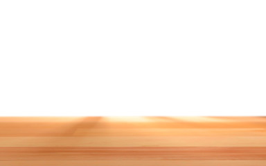 Empty wooden terrace with white background. Close-up view with selective focus.