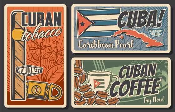 Cuba travel vector retro posters set. Cuban tobacco and guillotine cigar cutter, coffee cup and beans, national flag and silhouette map of Cuba. Tourism and traveling vintage cards