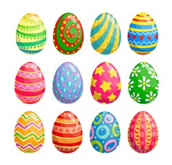 Easter egg isolated icons of religion holiday and egghunting vector design. Spring season painted eggs, decorated with colorful pattern of flower, stars and hearts, ornaments of stripes and dots