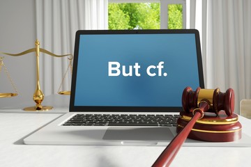 Fototapeta premium But cf. – Law, Judgment, Web. Laptop in the office with term on the screen. Hammer, Libra, Lawyer.