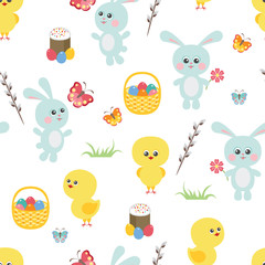 Easter seamless pattern. Cute bunny, chicken, easter cake, basket with colored eggs, butterfly, grass, pussy-willow twig isolated on white background. Vector illustration in cartoon flat simple style.