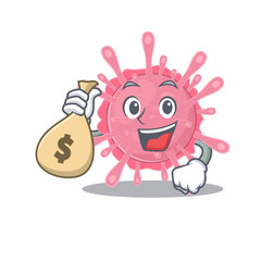 Smiley rich corona virus germ cartoon character bring money bags