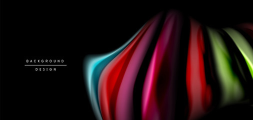 Abstract silk smooth lines on black, multicolored liquid fluid rainbow style waves on black