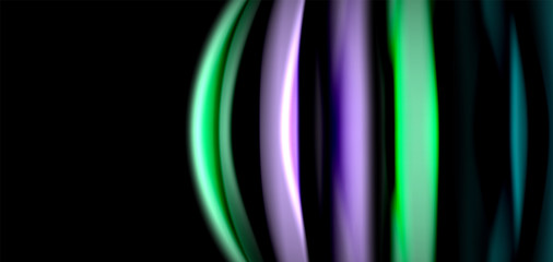 Abstract silk smooth lines on black, multicolored liquid fluid rainbow style waves on black