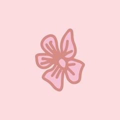 Sign hand drawn herbal Twig leaves. Floral sprig. Spring flower, buttons, blade, bush isolated on pink background. Cartoon outline vector illustration