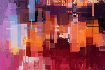 Artistic banner with chaotic rectangles, digital abstract painting. Beautiful random colors background artwork. Painting in red colors scheme with an accents