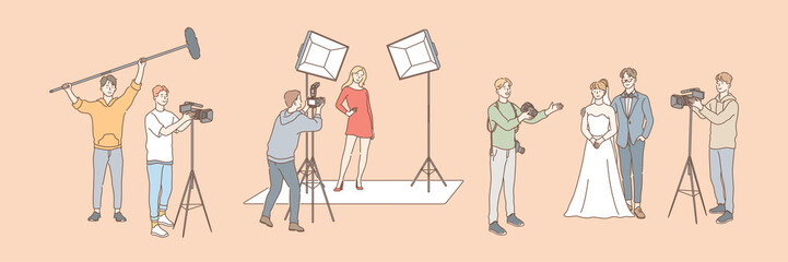 Photography and shooting, journalism set concept. Collection of group men and women, photo and videographers using cameras and shooting video, taking pictures of wedding, model. Simple flat vector
