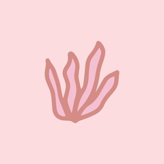 Sign hand drawn herbal Twig leaves. Floral sprig. Spring flower, buttons, blade, bush isolated on pink background. Cartoon outline vector illustration
