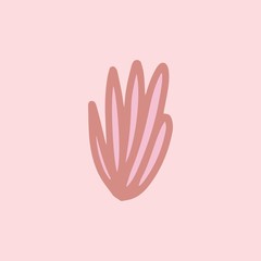 Sign hand drawn herbal Twig leaves. Floral sprig. Spring flower, buttons, blade, bush isolated on pink background. Cartoon outline vector illustration