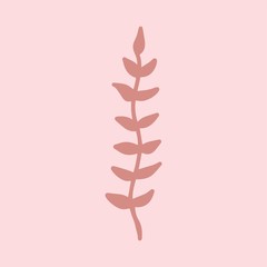 Fototapeta na wymiar Sign hand drawn herbal Twig leaves. Floral sprig. Spring flower, buttons, blade, bush isolated on pink background. Cartoon outline vector illustration