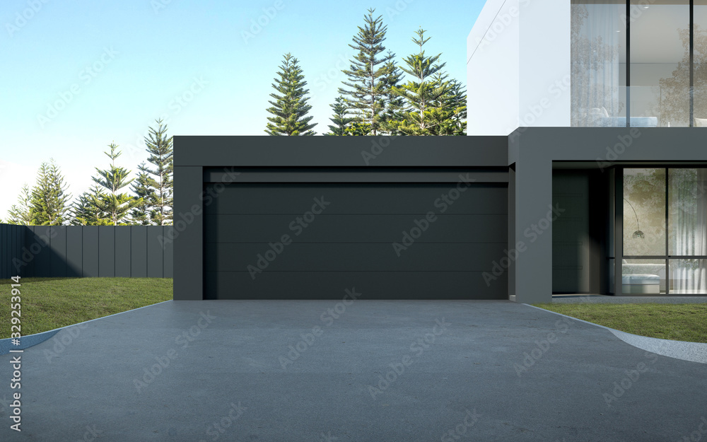Poster perspective of black and white modern luxury house with green lawn yard on tree background, idea of 