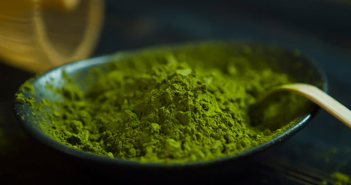 Close Up Matcha. Organic Green Matcha Tea Ceremony. Matcha Powder. Cooking With Matcha, Recipe