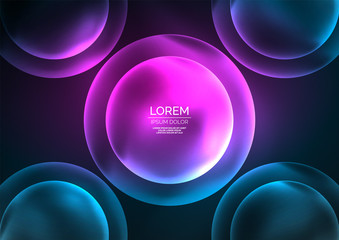 Glowing neon shiny transparent bubbles, glass circles or bio cell concept. Techno futuristic vector abstract background For Wallpaper, Banner, Background, Card, Book Illustration, landing page