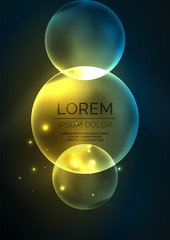 Glowing neon shiny transparent bubbles, glass circles or bio cell concept. Techno futuristic vector abstract background For Wallpaper, Banner, Background, Card, Book Illustration, landing page