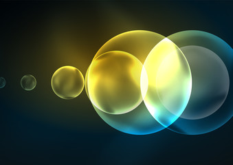 Glowing neon shiny transparent bubbles, glass circles or bio cell concept. Techno futuristic vector abstract background For Wallpaper, Banner, Background, Card, Book Illustration, landing page