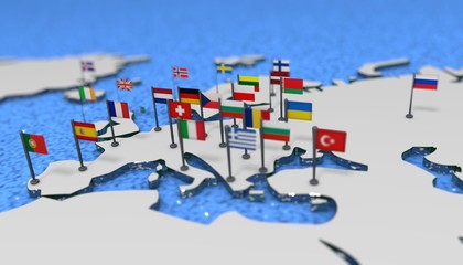 3D illustration map of Europe with EU flags