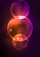Glowing neon shiny transparent bubbles, glass circles or bio cell concept. Techno futuristic vector abstract background For Wallpaper, Banner, Background, Card, Book Illustration, landing page