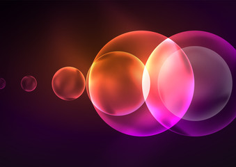 Glowing neon shiny transparent bubbles, glass circles or bio cell concept. Techno futuristic vector abstract background For Wallpaper, Banner, Background, Card, Book Illustration, landing page