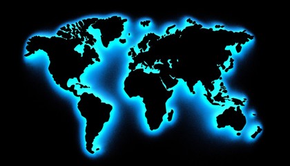 Fototapeta na wymiar 3D illustration of a world map on a black background highlighted by blue neon
