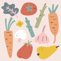 Fototapeta premium Vegetables collection, set of vector illustrations of veggies and fruit, trendy earthy colors, flat hand drawn art, simple modern drawing